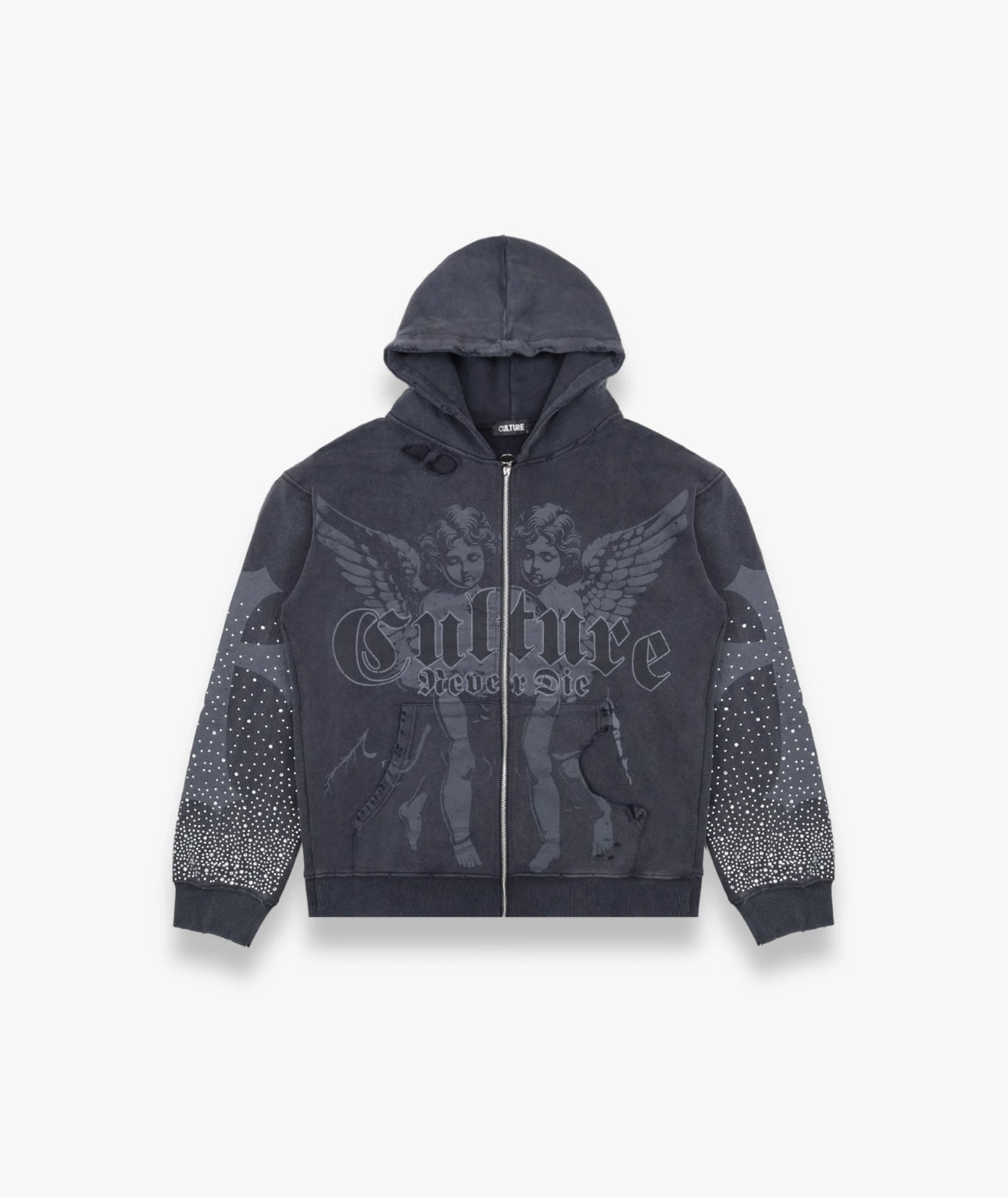 Black wash Rhinestones culture zip up hoodie