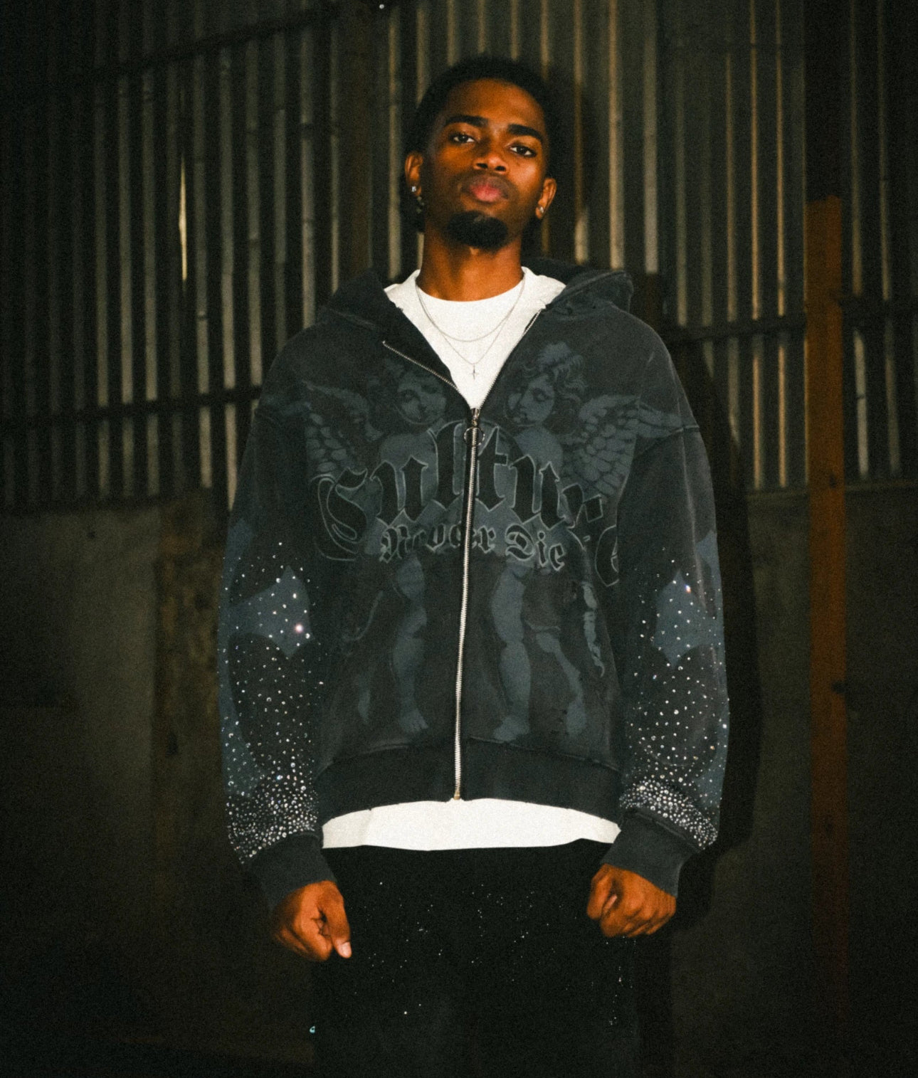 Black wash Rhinestones culture zip up hoodie