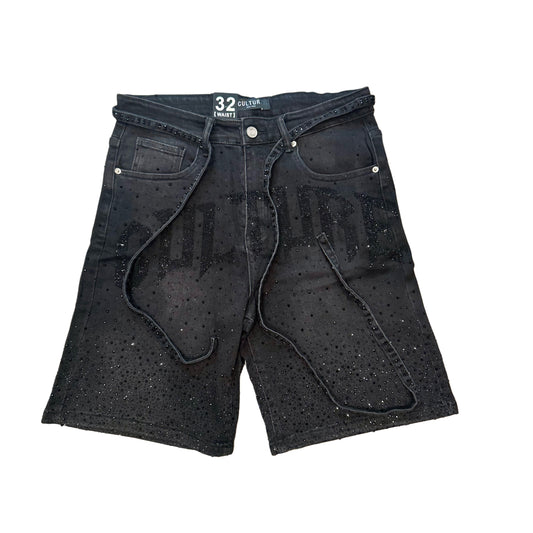 Full Diamond Culture denim Jorts Front logo washed black