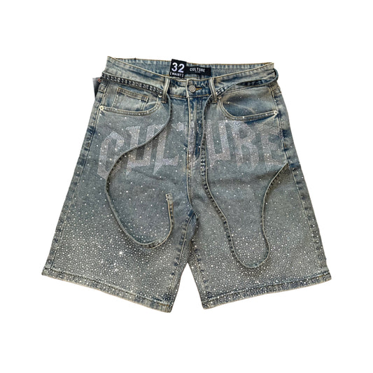 Full Diamond Culture denim jorts Front logo